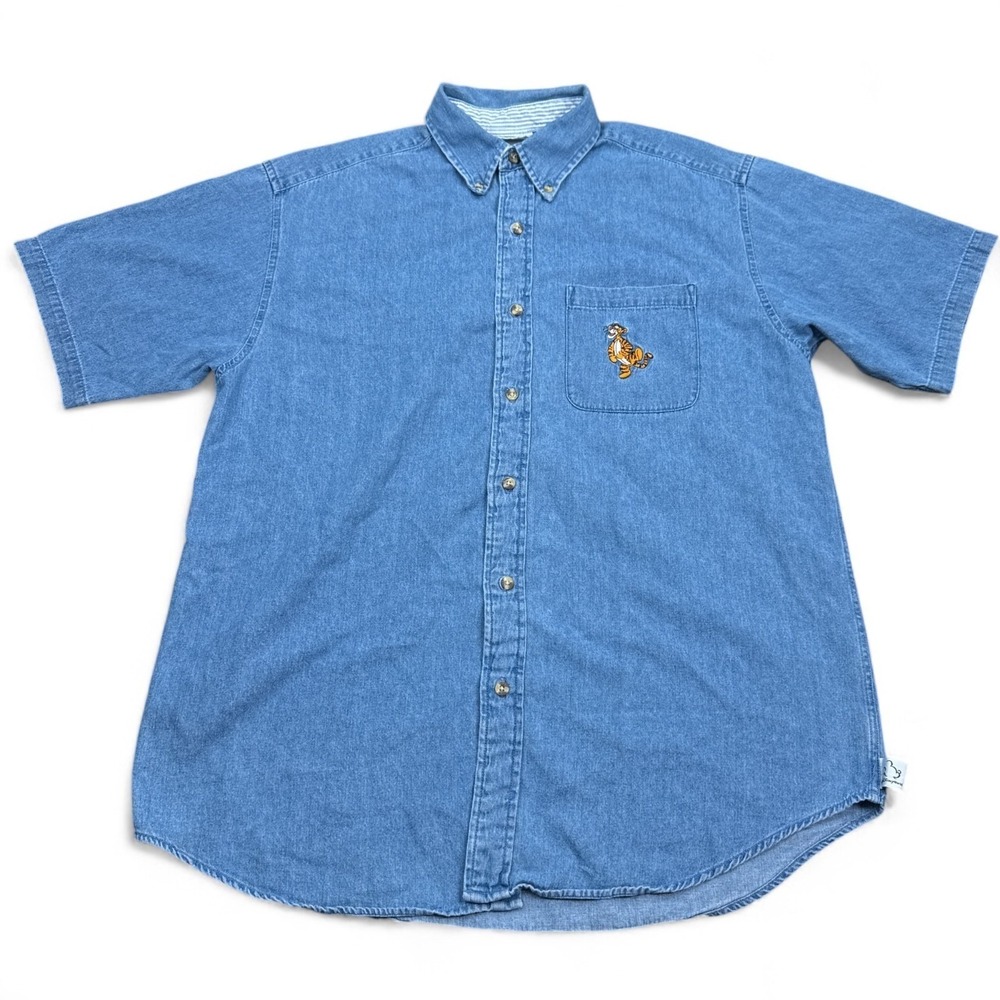 Vintage 90s Disney Tigger Button Down Denim Shirt Adult Size Medium Embroidered - Picture 2 of 12